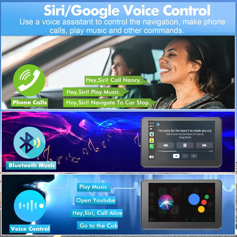 7-Inch Wireless Dashboard Display with Rearview Camera and Voice Control