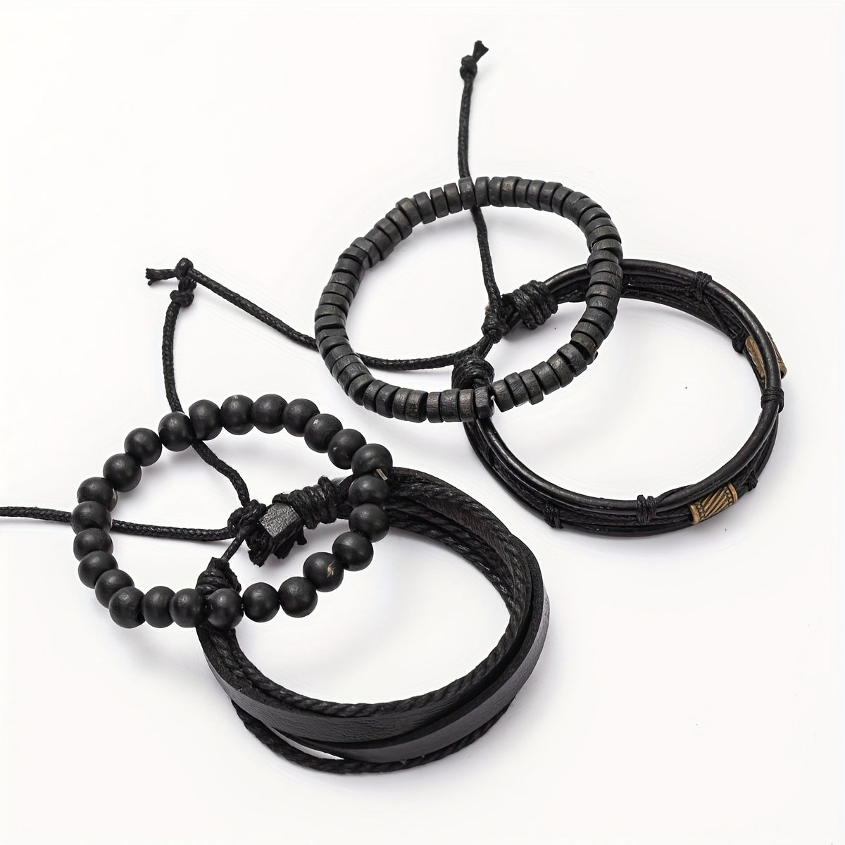 Bracelet Set Adjustable Genuine Leather & Wooden Beads