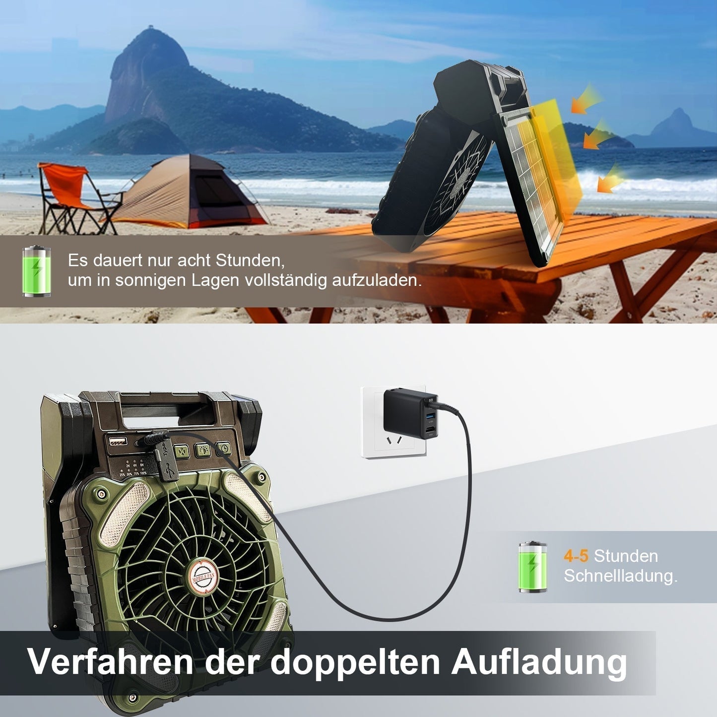 Camping Fan Solar-Powered 20,800 mAh Power Bank
