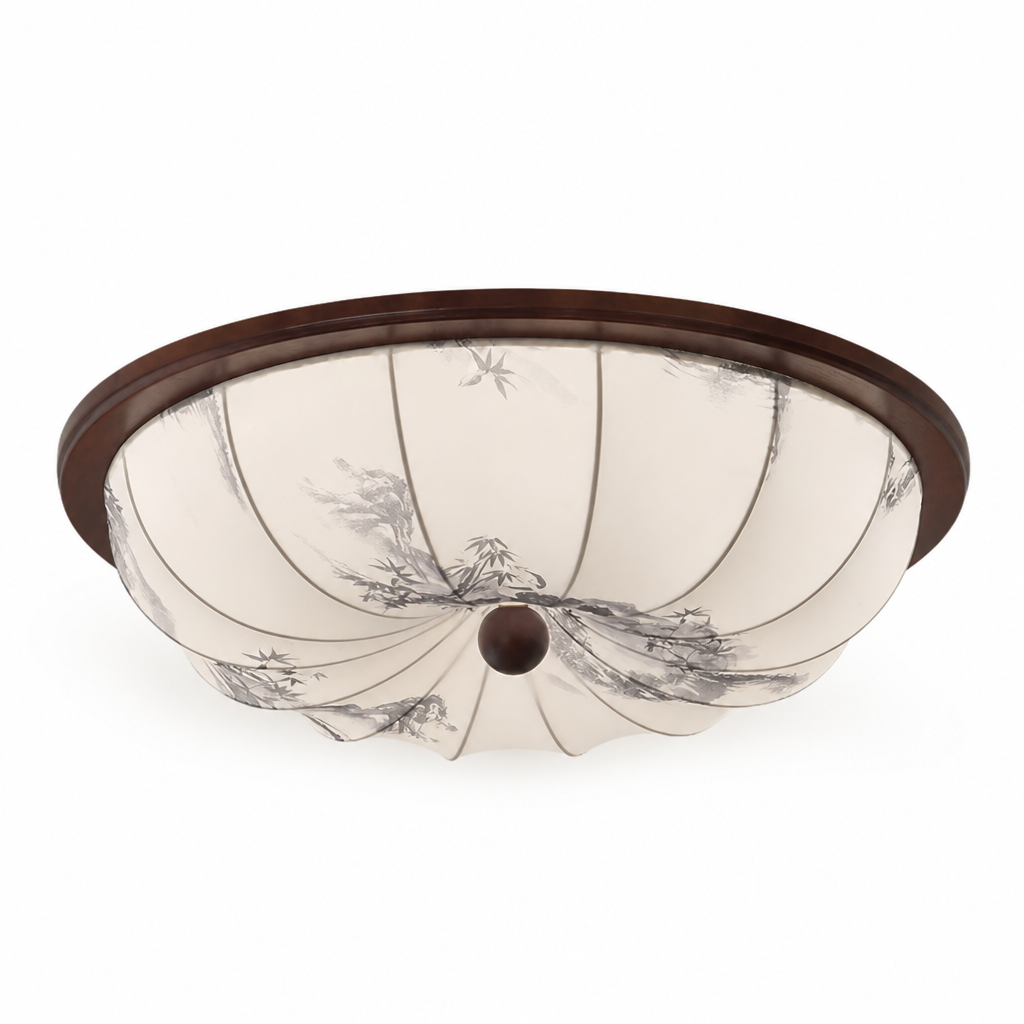 Ceiling Light Integrated Warm LED Fabric Shade Wood Accent