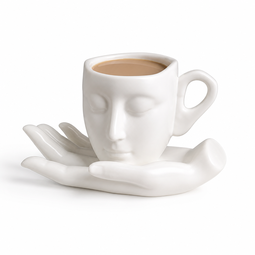 Ceramic Mug Sculptural Face Hand-Shaped Saucer 260 ml