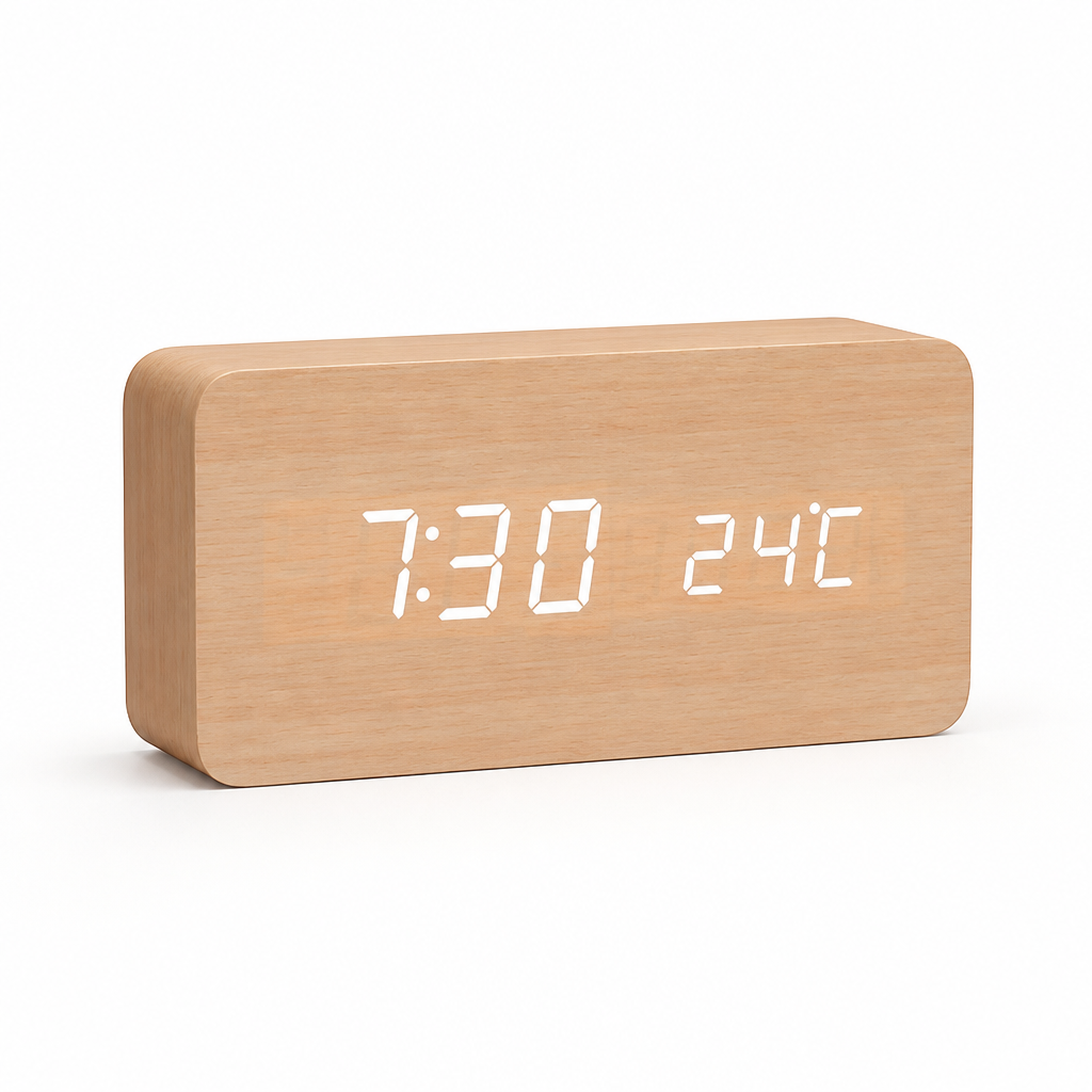 Clock Voice-Controlled Wooden LED Display USB & Battery
