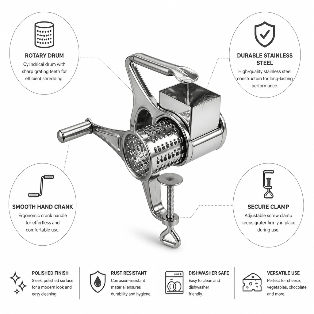 Compact Stainless Steel Hand-Crank Rotary Grater (20 cm)