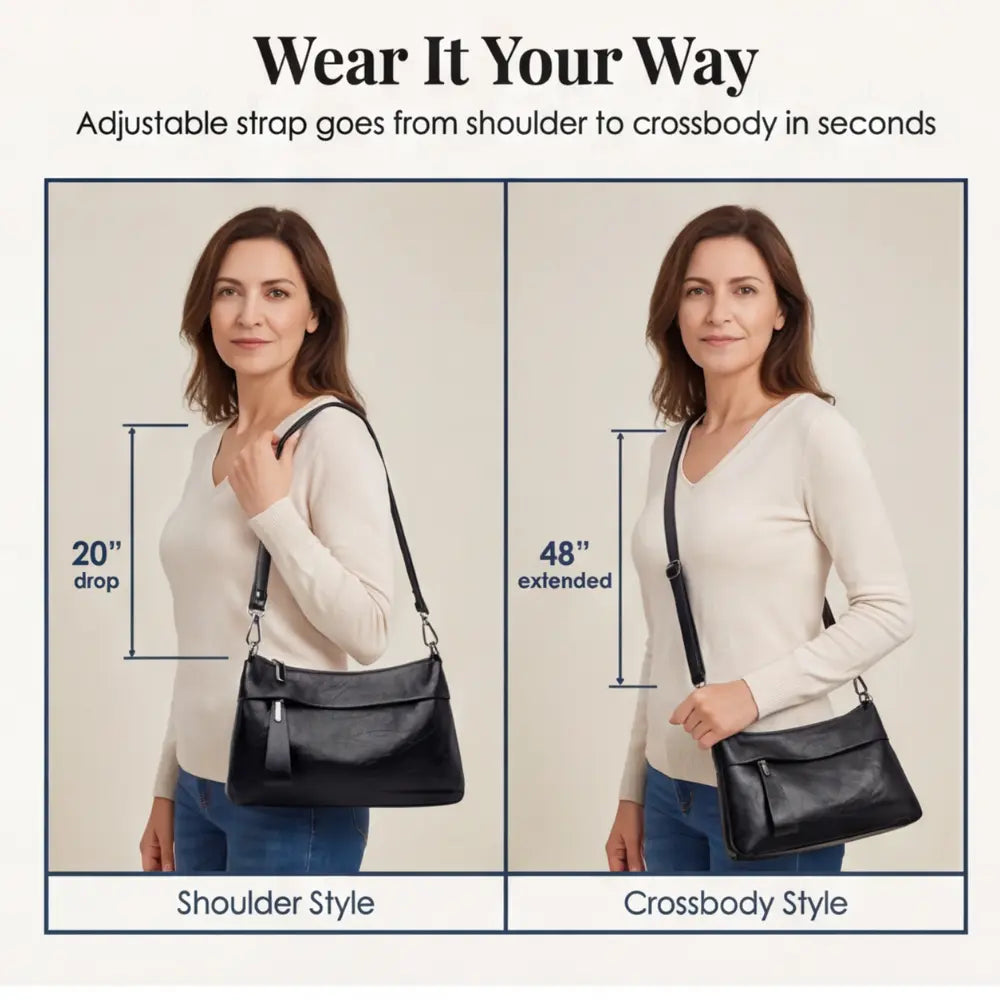 Crossbody Bag 3-Compartment Soft Faux Leather Adjustable Strap