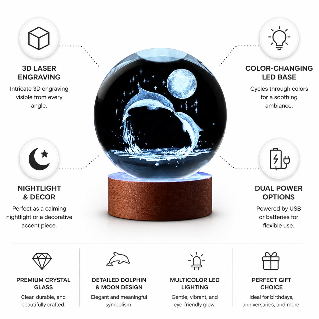 Crystal Sphere 3D Engraved Dolphin & Moon Color-Changing LED