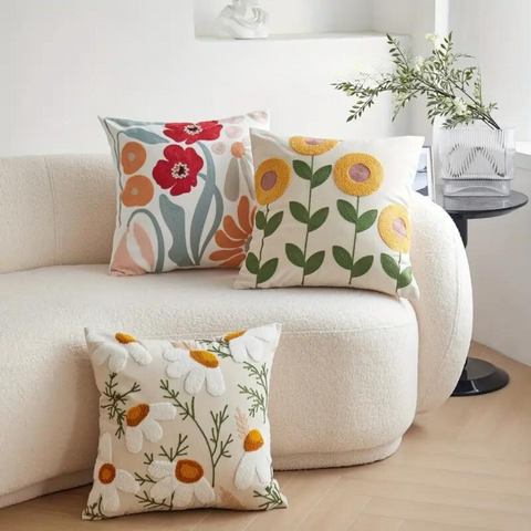 Cushion Cover Floral Embroidered Microfiber-Cotton 18 x 18 Inch