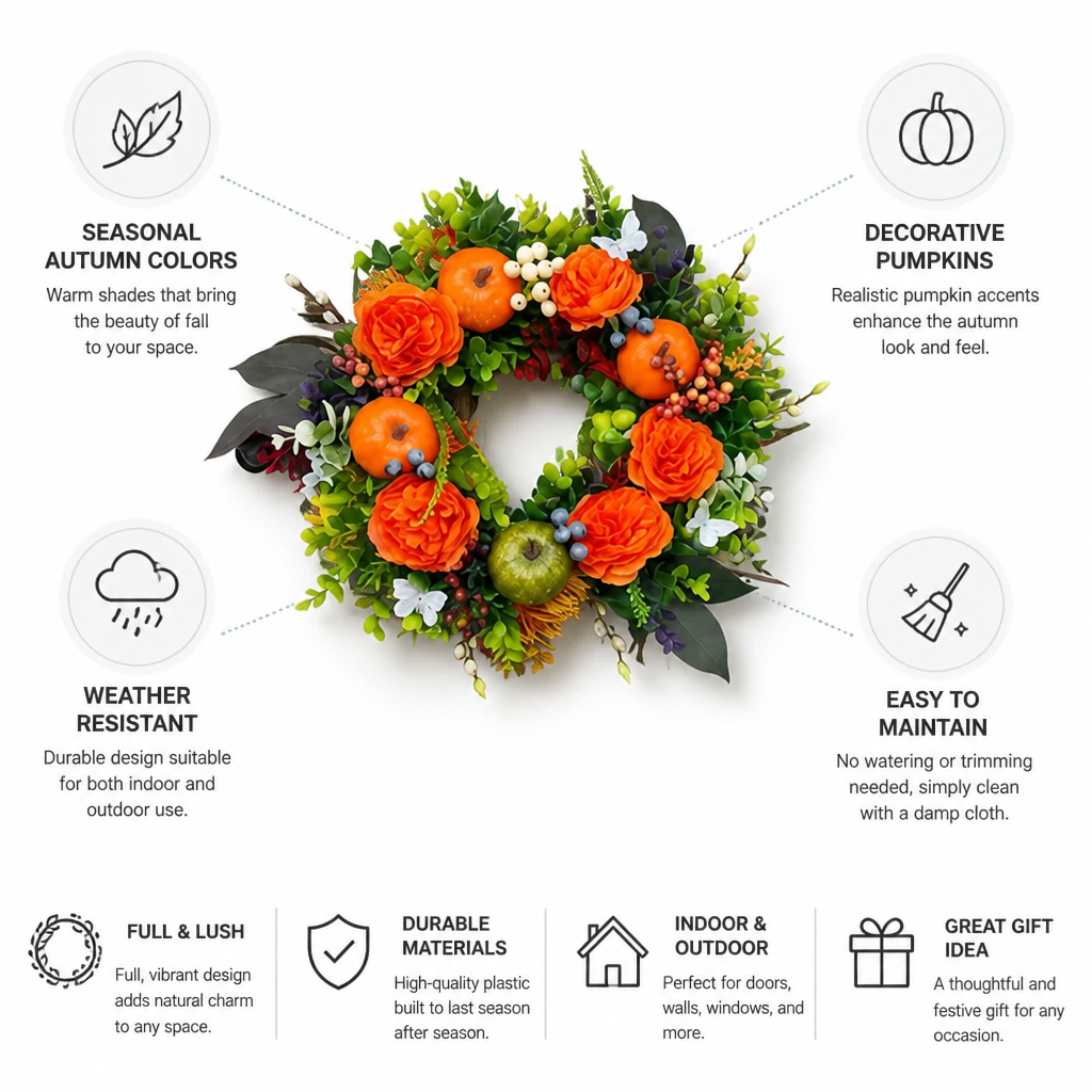 Door Wreath Faux Flowers & Pumpkins Weather-Resistant