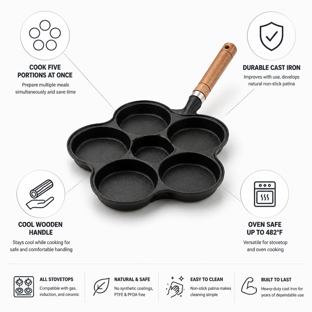 Egg Pan Cast Iron Five-Well Wooden Handle