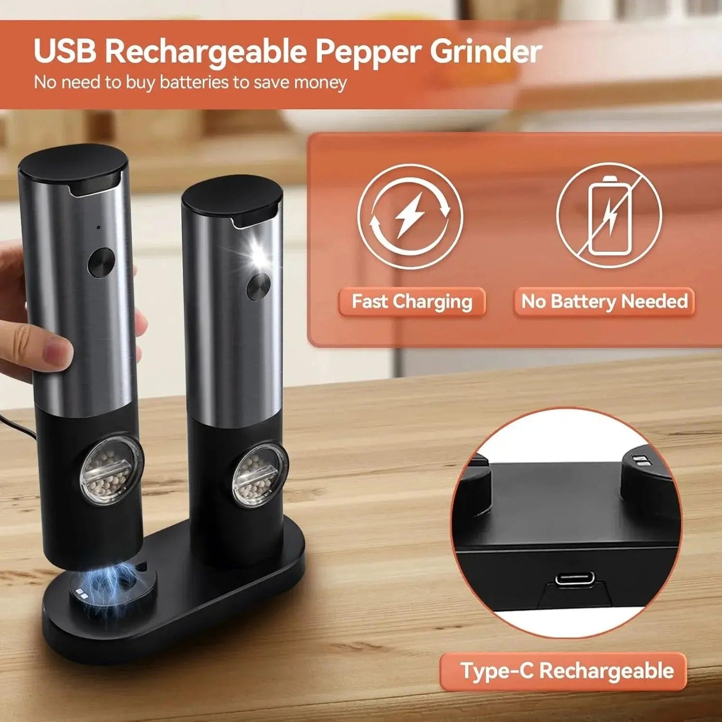 Electric Spice Grinder Set 5 Grind Levels USB-C Rechargeable