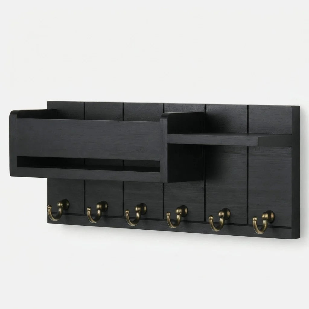 Entryway Key Rack Wood Shelf 6 Hooks & Mail Holder