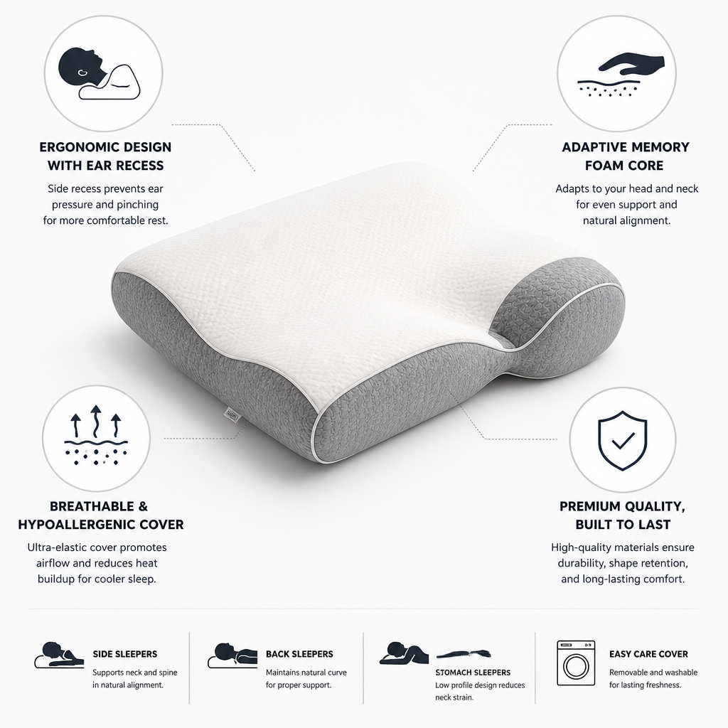Ergonomic Memory Foam Neck Pillow (Ear Recess)