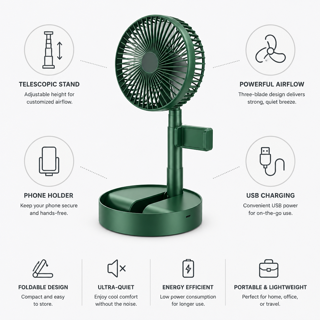 Extendable Table Fan with Phone Holder and USB Charging