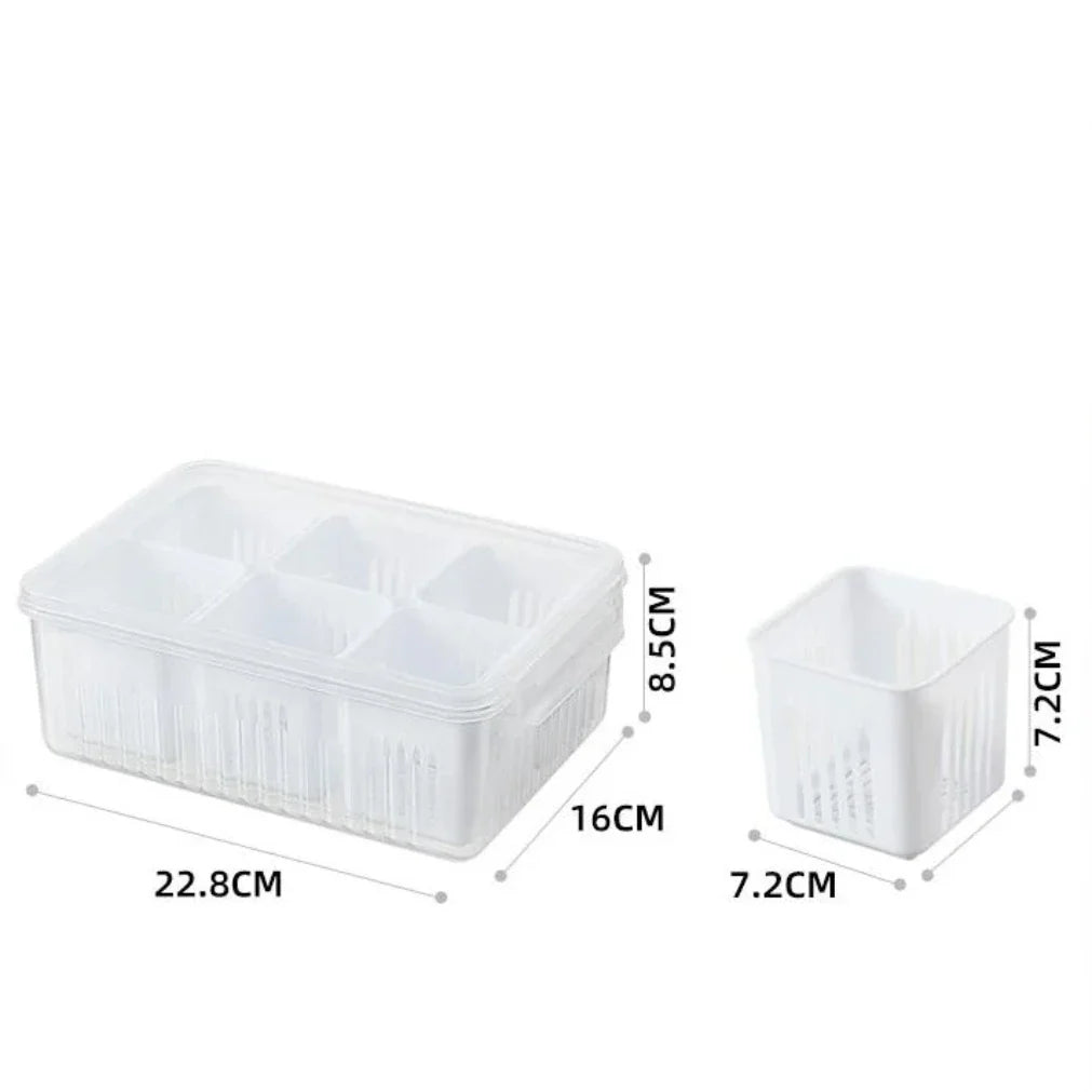 Fridge Storage Box 6-Compartment Drainage & Airtight Lid