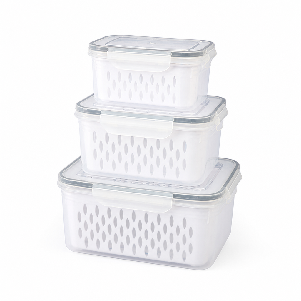 Fridge Storage Boxes Drain Strainer & Leak-Proof Set of 3