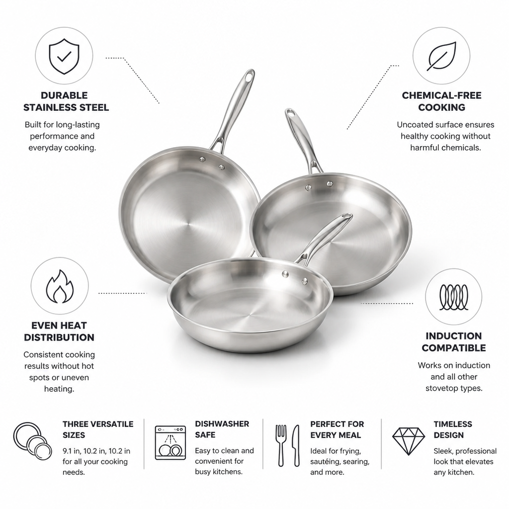 Frying Pan Set Three-Piece Uncoated Stainless Steel Induction Compatible