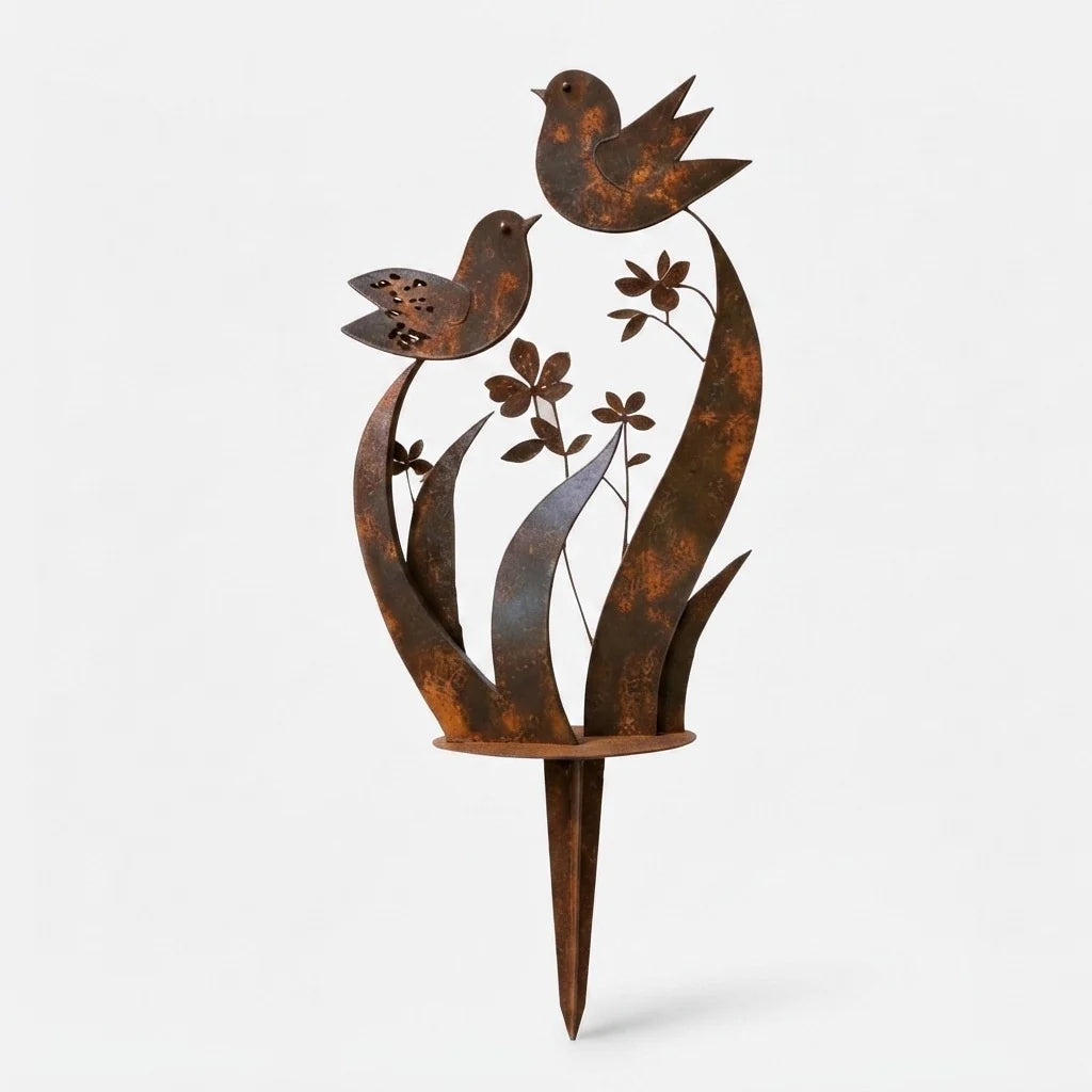 Garden Stake Bird & Flower Weathered Rust Iron