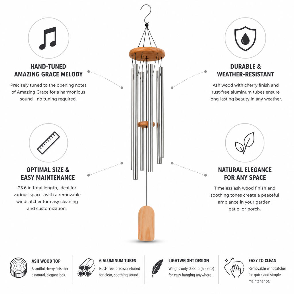 Hand-Tuned Amazing Grace Wind Chime (Ash Wood Top)
