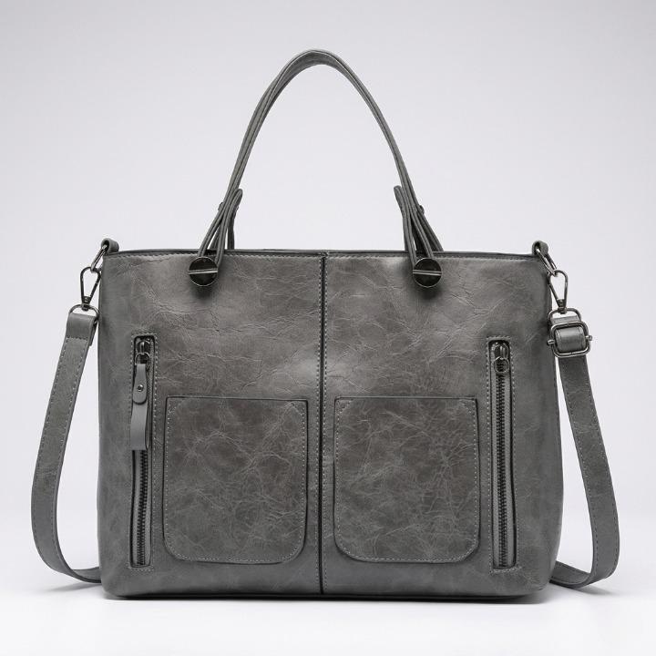 Handbag Genuine Leather Two Front Zippered Pockets Adjustable Strap