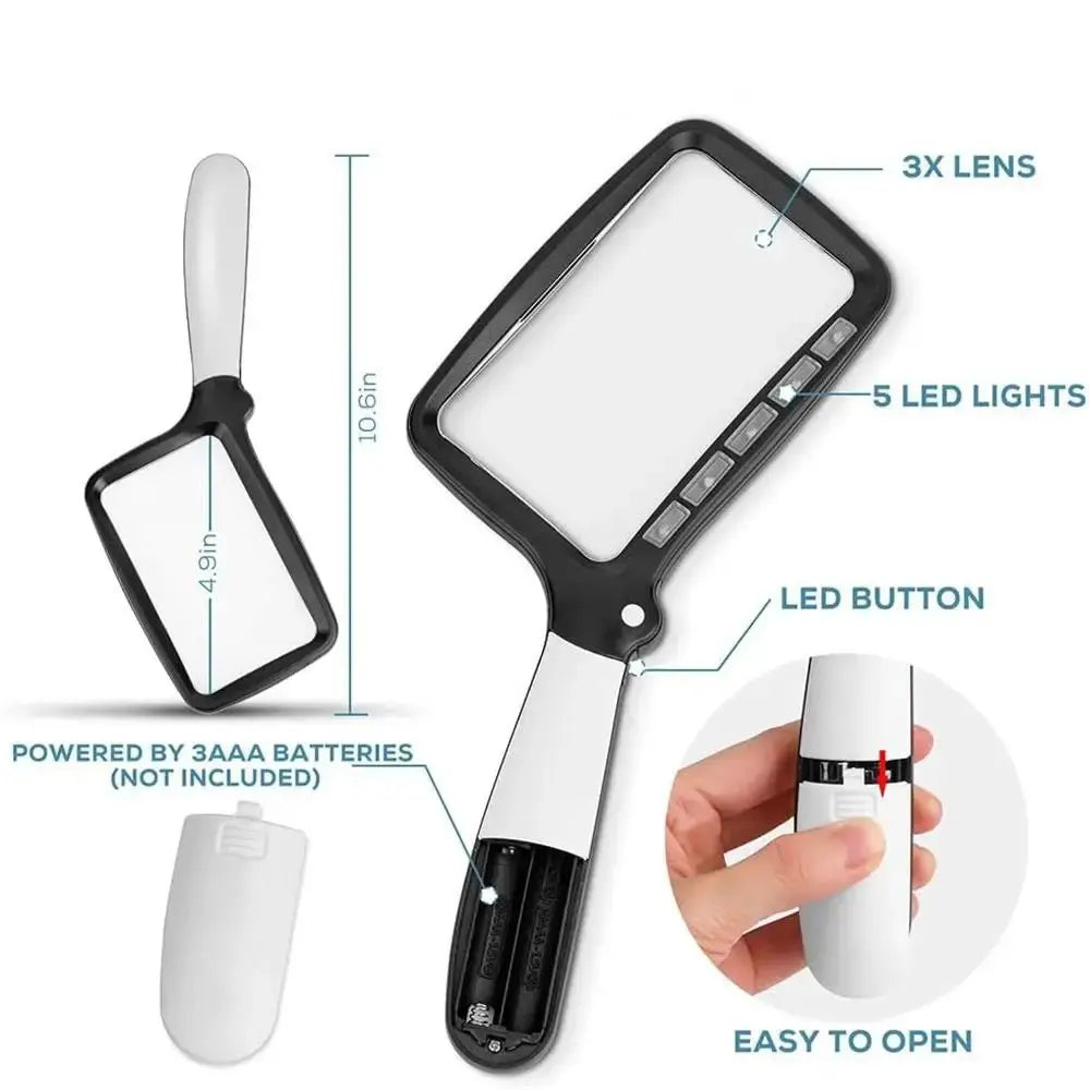 Handheld Magnifier 3x Magnification Large Lens Integrated LEDs