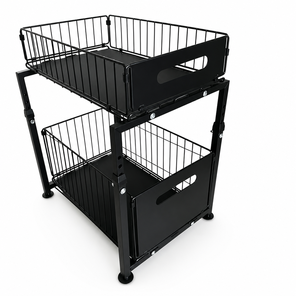 Height-Adjustable Steel Frame with Pull-Out Baskets Kitchen Cabinet Organizer (2-Tier)