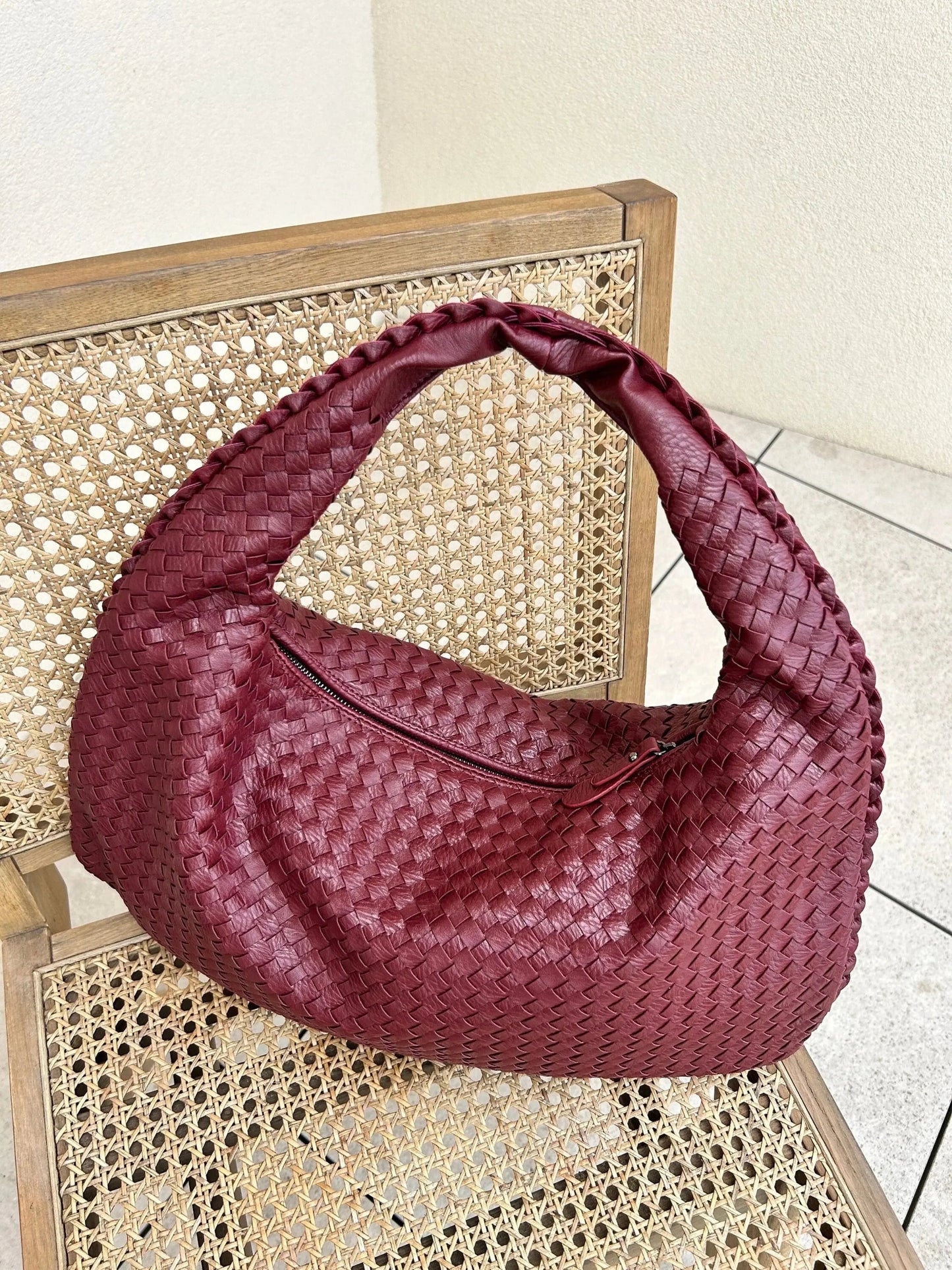 Hobo Bag Braided Genuine Leather Zipper Closure & Padded Strap