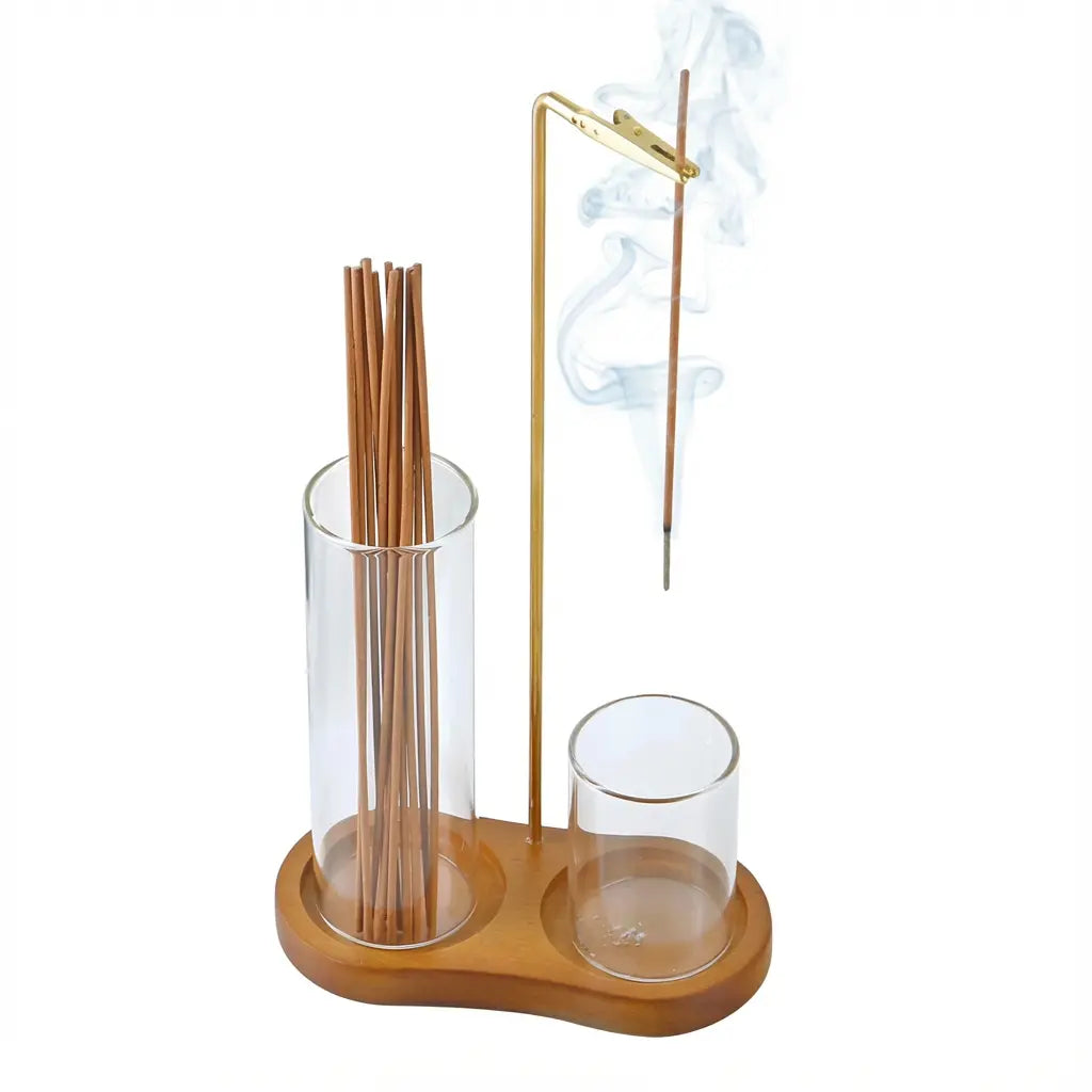 Incense & Candle Holder Wood Base Removable Glass Cups