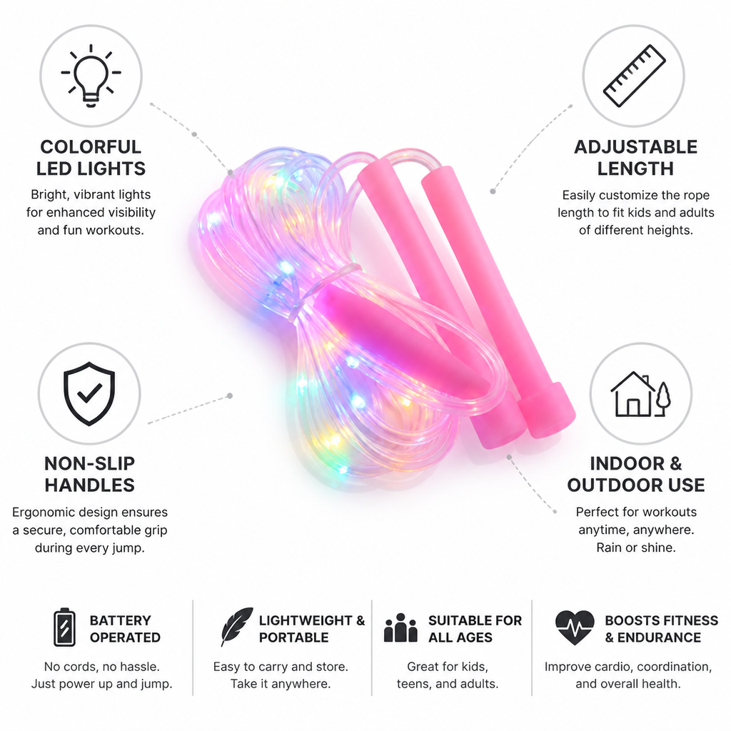 Jump Rope LED Light Adjustable Length & Non-Slip Handles