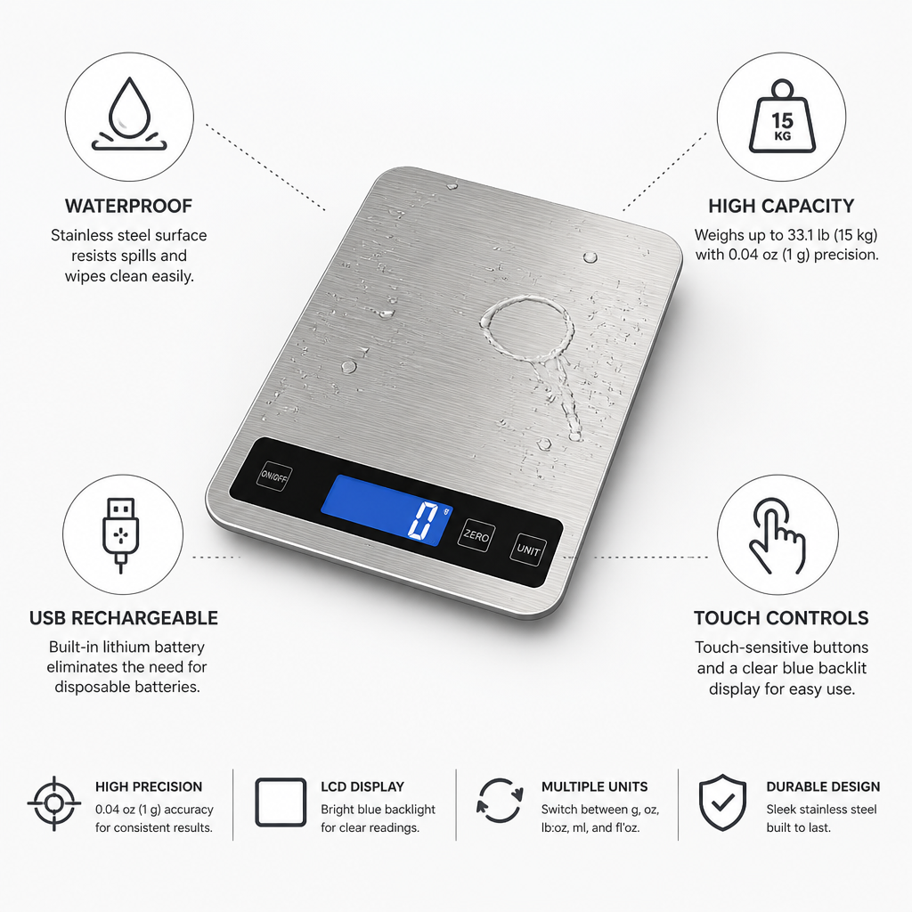 Kitchen Scale Waterproof Stainless Steel USB Rechargeable
