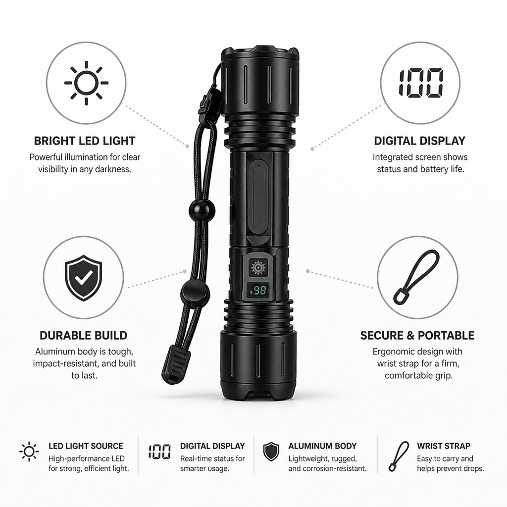 LED Flashlight Integrated Digital Display Aluminum Body Wrist Strap
