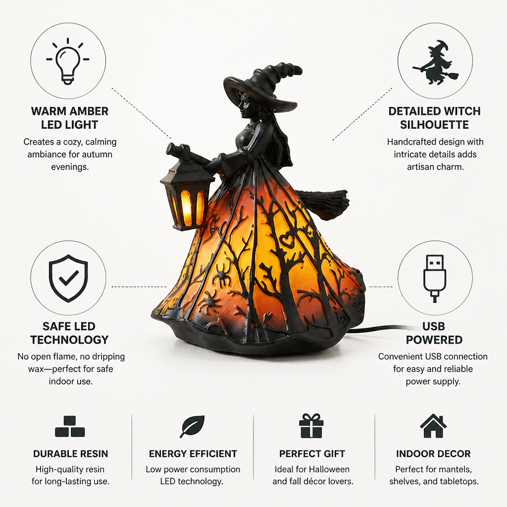 Lantern Witch Silhouette Amber LED USB Powered