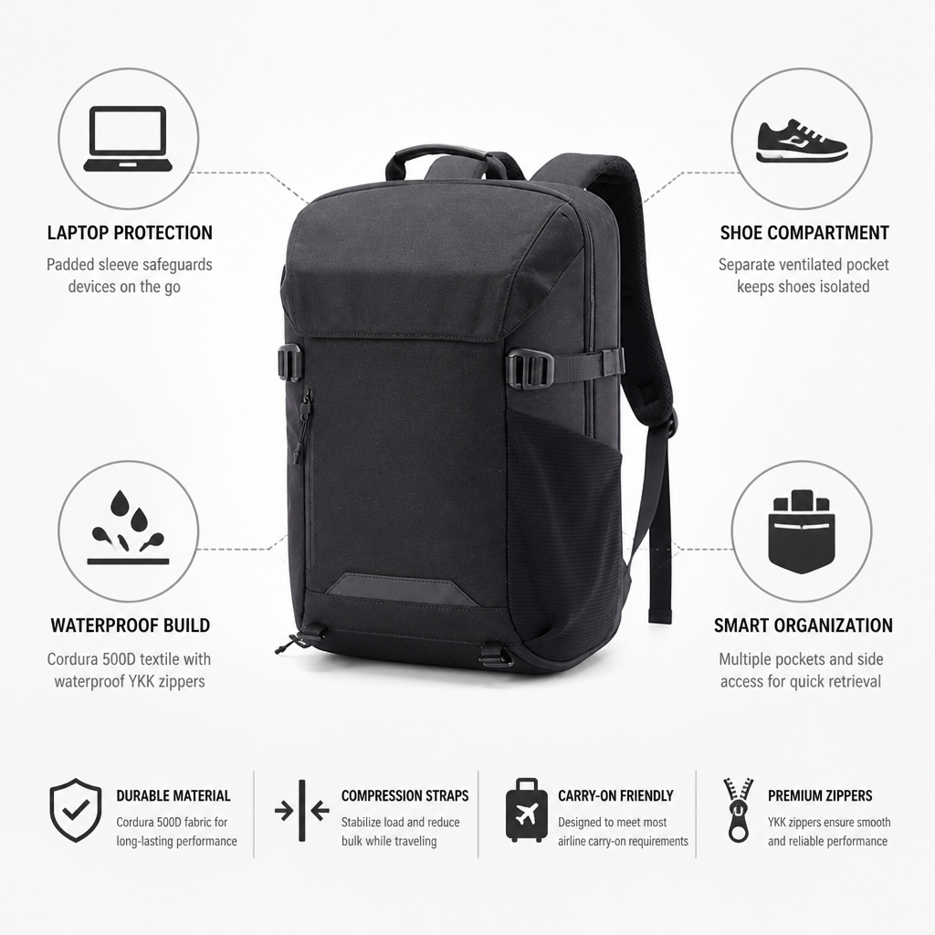 Laptop Travel Backpack Padded Sleeve & Shoe Pocket Waterproof