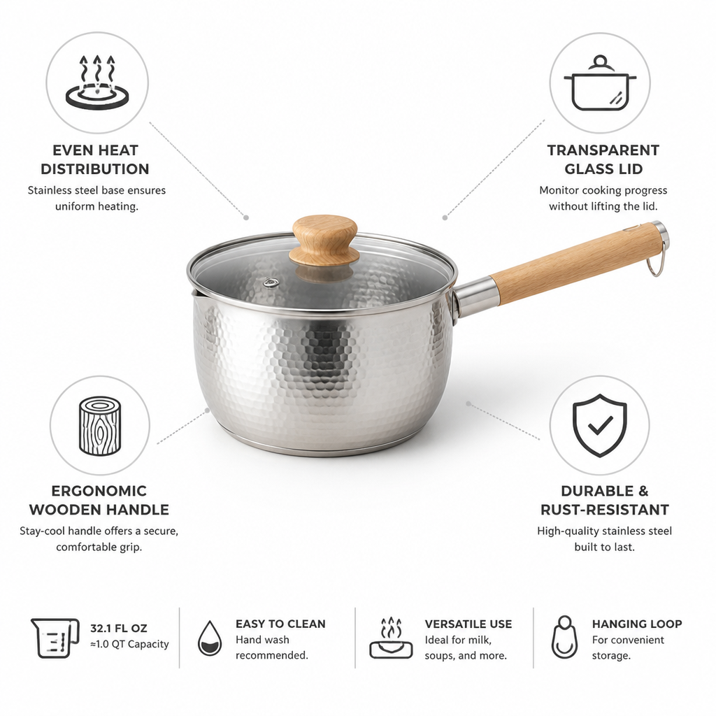 Milk Pot Stainless Steel & Glass Lid Wooden Handle