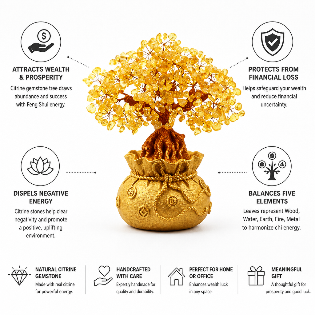 Money Tree Feng Shui Citrine Gemstone Handcrafted 18 cm