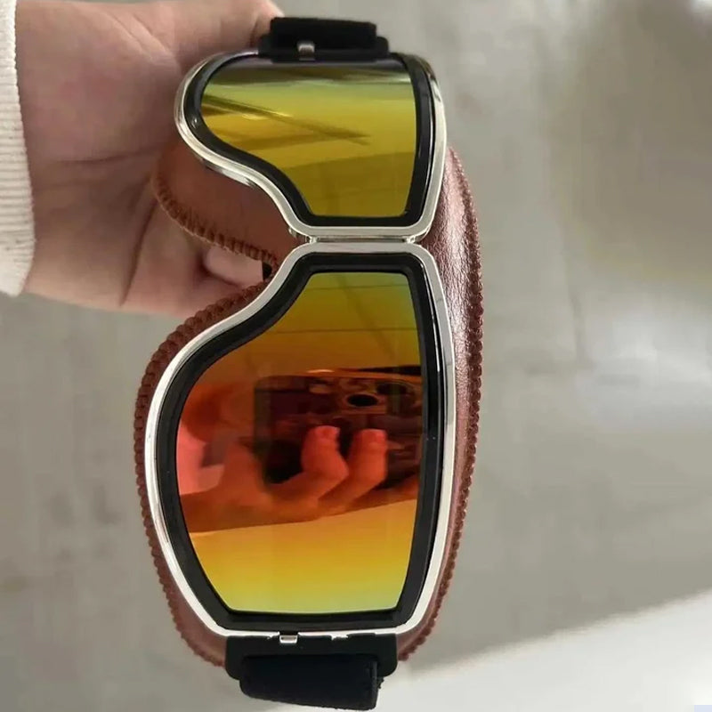 Motorcycle Goggles Leather Frame Polycarbonate Lenses & Adjustable Strap