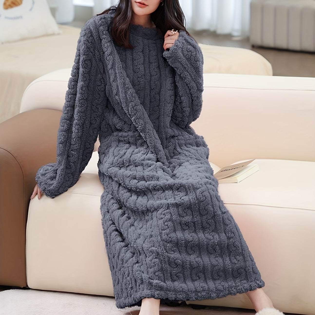 Nightgown Flannel Fleece Cable Knit Pockets