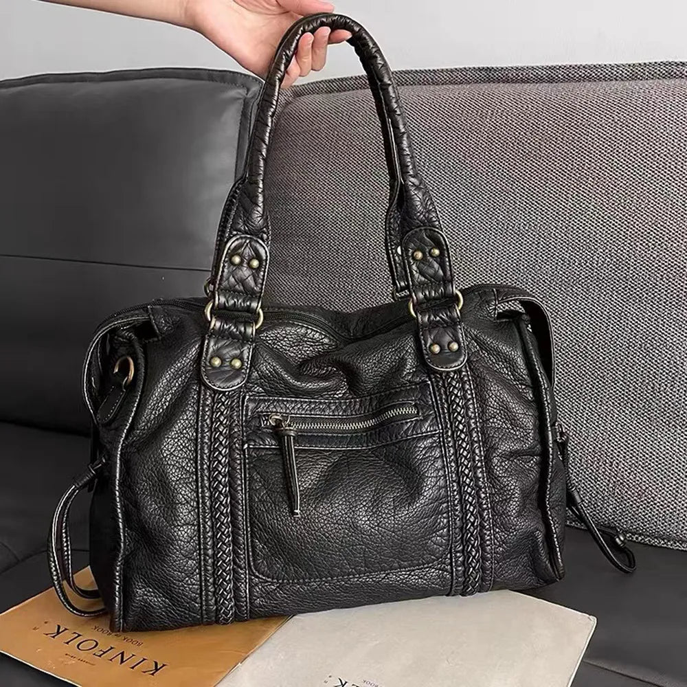 Shoulder Bag Vintage Washed PU Leather Fits Laptop