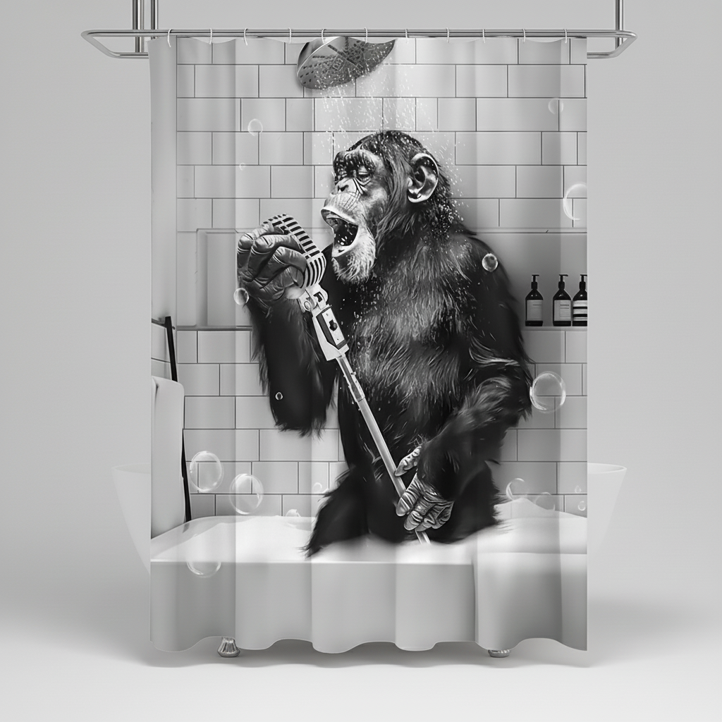 Shower Curtain Black & White Monkey Water Repellent Polyester