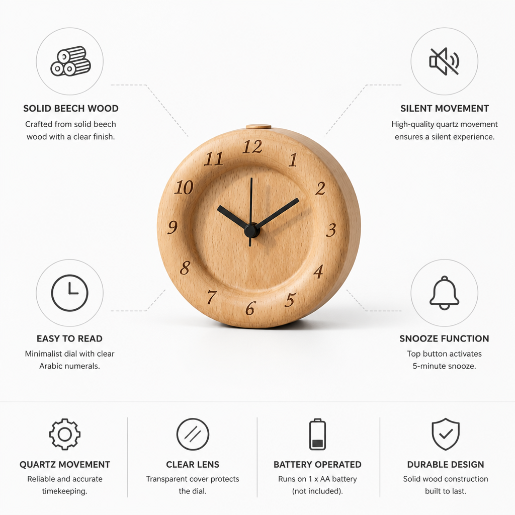 Solid Beech Wood Alarm Clock (Silent Quartz Movement with Snooze)