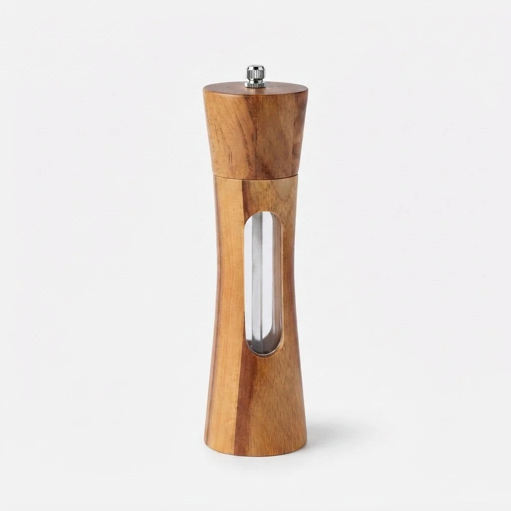 Spice Grinder Adjustable Grind Wood Body Clear Window