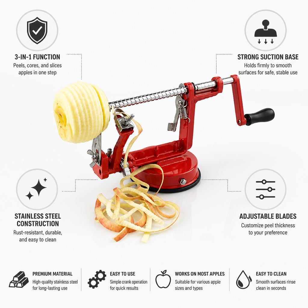 Stainless Steel 3-In-1 Suction-Base Apple Peeler, Corer & Slicer