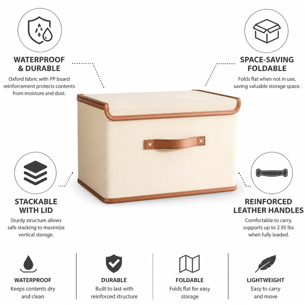 Storage Box Foldable Waterproof Reinforced Leather Handles