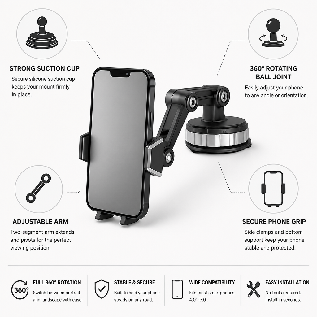 Suction Cup Adjustable Arm Car Phone Mount (360° Rotating Ball Joint)