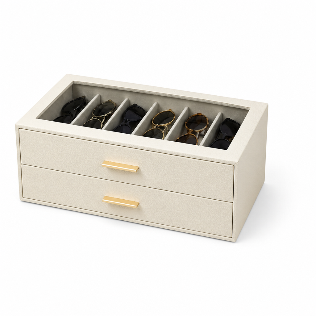 Sunglasses Organizer Velvet-Lined & Glass Lid 12-Pair Capacity