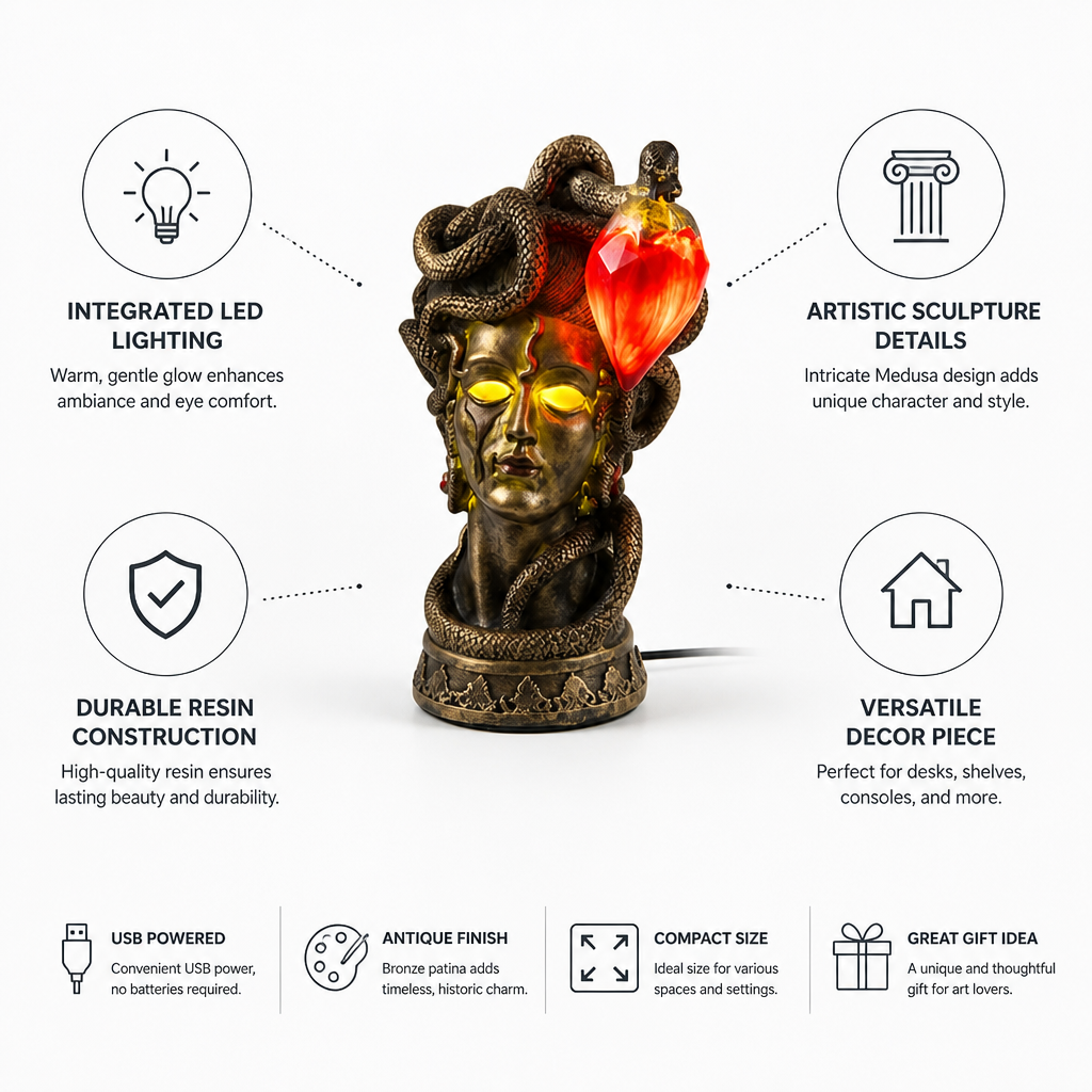 Table Lamp Integrated LED Medusa Sculpture Bronze Patina