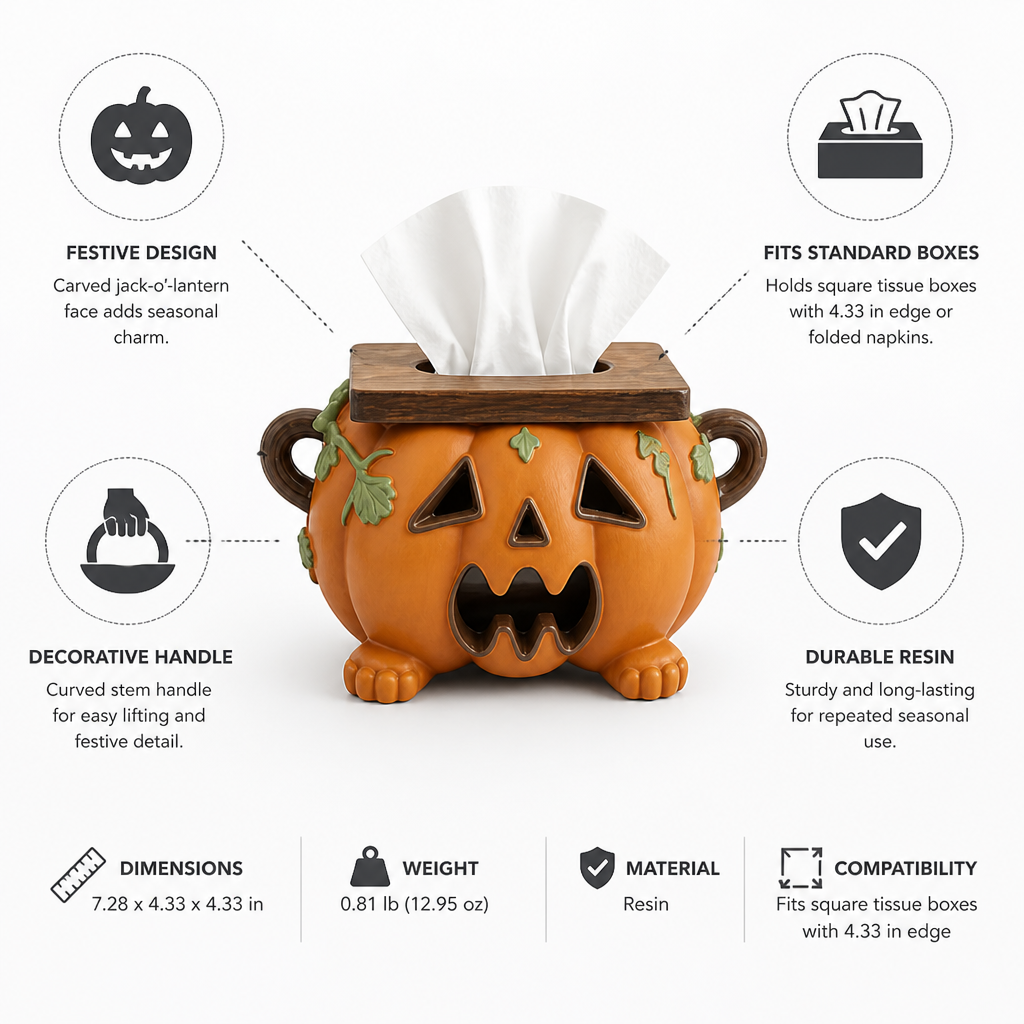 Tissue Box Cover Pumpkin Jack-O'-Lantern Resin Fits Square Boxes