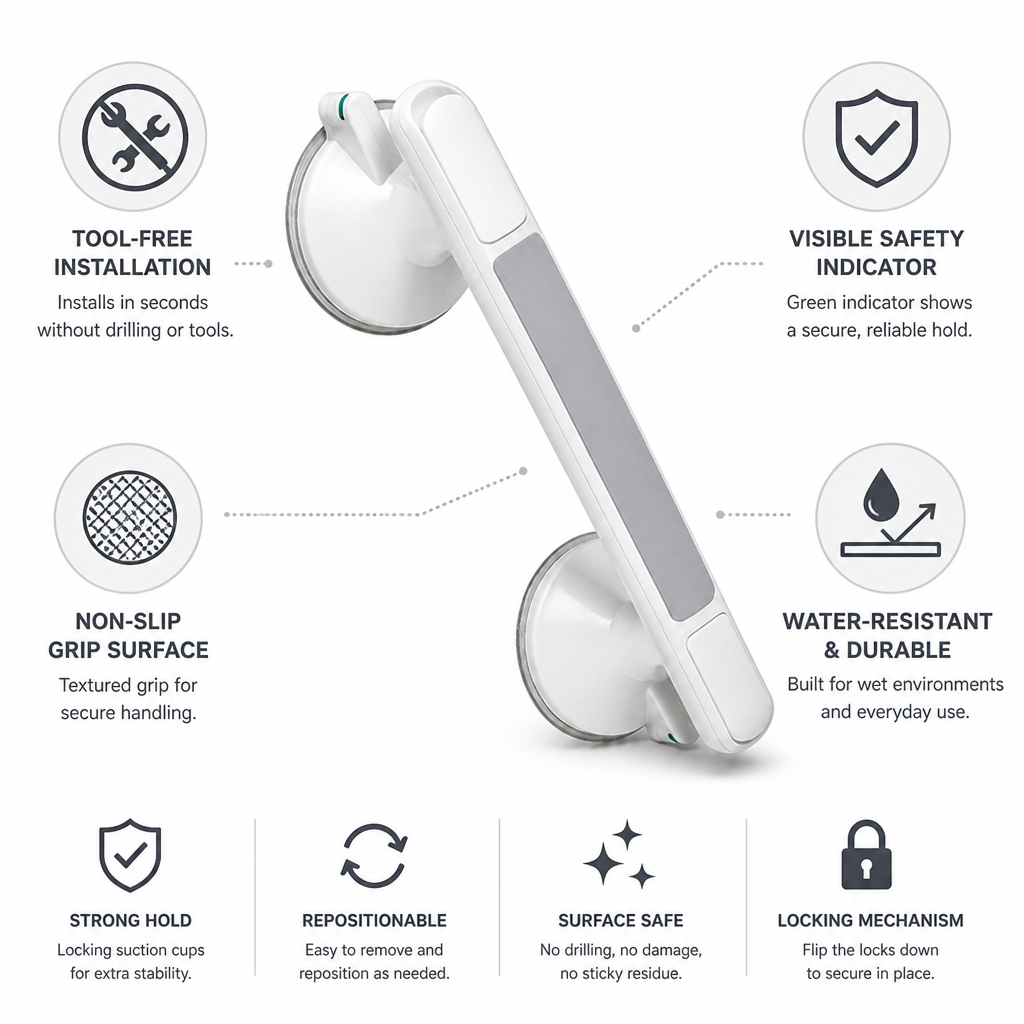 Tool-Free Locking Suction Shower Grab Handle