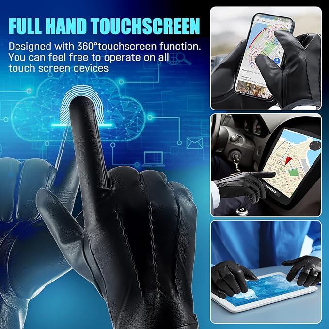 Touchscreen Gloves Leather Cashmere-Lined