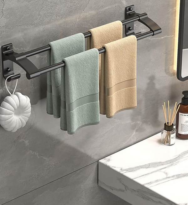 Towel Rack Anodized Aluminum No Drill Mount With Hooks
