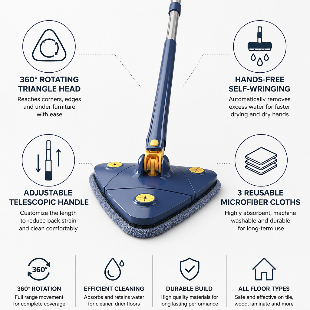Triangle Mop 360° Rotating Self-Wringing & Telescopic Handle