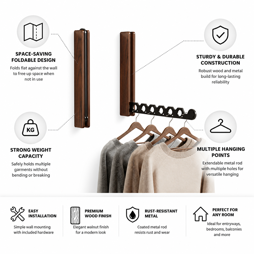Wall Coat Rack Foldable Wood Frame & Metal Rod